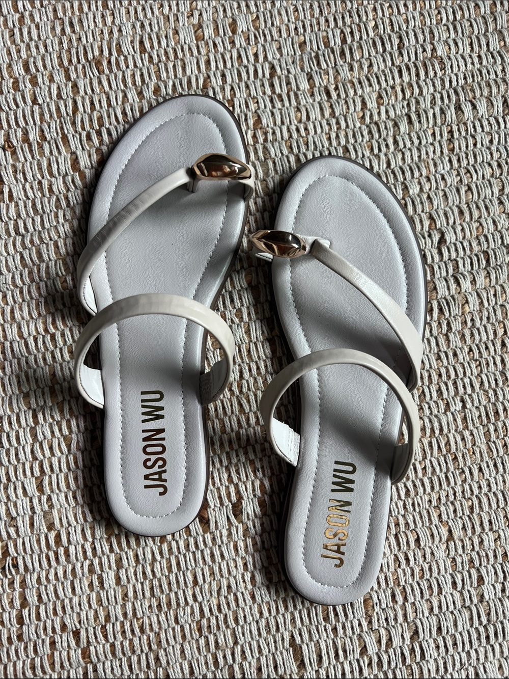 Jason Wu Ivory Leather Toe-Ring Slide Sandals with Gold Accent